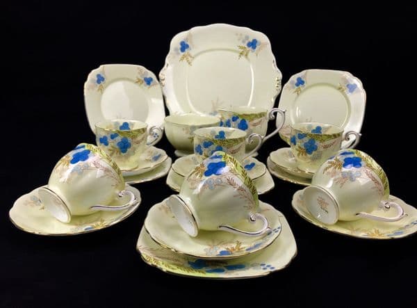 Vintage Bell China Tea Set for 6 People / 21 Piece / Blue And Cream 1940's
